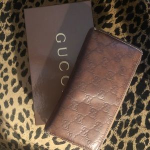 Gucci Brown Leather Monogram ZIP Wallet